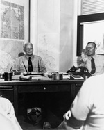 Admiral Chester Nimitz conducting his fifth press conference of the war, Fleet Headquarters, Pearl Harbor, Hawai