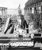 Sargo-class submarine Saury on the ways at the Electric Boat Company being readied for her launch nine days later, Groton, Connecticut, United States, 20 Apr 1938.