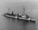 USS Detroit in the Salish Sea off Port Angeles, Washington, United States, 14 Apr 1944; note Design 3d Measure 31-32-33 camouflage