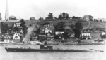 USS Spearfish passing Fort Griswold on the Thames River, Groton, Connecticut, United States, circa late 1939.