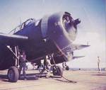 TBM-3E Avenger of Marine Squadron VMTB-132 prepares for catapult launch from USS Cape Gloucester (CVE-109) for a mission over Kyushu, Japan, 8 Sept 1945