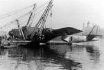 BV 222 Wiking aircraft V2 hanging from a crane while undergoing repair at Piraeus, Greece, 16 Dec 1941. Note the high dome of the Church of St. Nicholas in the background.