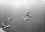 F4U-1 Corsair fighters of Royal New Zealand Air Force in flight near Bougainville, Solomon Islands, 17 Jan 1945