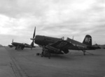 F4U-5N Corsair fighter of US Marine Corps squadron VMF(N)-513 at rest, Wonsan, Korea, 2 Nov 1950, photo 2 of 2. Note the HVAR rockets.