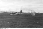 German DFS 230 glider landing, Italy, 1943, photo 2 of 2; note use of parachute to decelerate