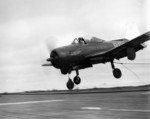 FR-1 Fireball fighter of US Navy squadron VF-41 landing aboard escort carrier USS Bairoko, 13 Mar 1946; this aircraft