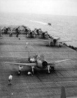 F6F Hellcat aircraft of Fighting Squadron 8 warm up on USS Intrepid