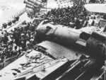 Captured Russian-built Chinese Air Force I-16 fighter on display at the stadium in Nishinomiya, Japan, late 1930s