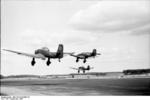 A flight of three German Ju 87 Stuka dive bombers taking off, Poland, Sep 1939