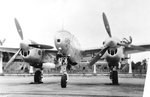 Nose on view of a F-5 Lightning aircraft at Hickam Field, Oahu, US Territory of Hawaii, 1945 (photo reconnaissance variant of the P-38J Lightning).