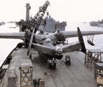 PBM-5 Mariner aircraft of US Navy Patrol Bombing Squadron VPB-26 aboard seaplane tender USS Norton Sound, Tanapag Harbor, Saipan, Mariana Islands, Apr 1945