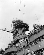 B-29 bombers flew in formation over battleship Missouri, during the Japanese surrender ceremonies, 2 Sep 1945