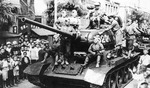 Soviet troops entering Dalian, Liaoning, China on T-34-85 medium tanks, Aug 1945