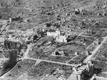 Devastated Osaka, Japan, circa Sep 1945; note Nankai Namba Station at far left of photo, Matsuzakaya Osaka store (now Takashimaya Higashi Annex) at bottom right edge, and Osaka Kabukiza Theater at center