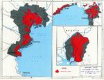 Map showing the extent of destruction by bombing on Tokyo, Kawasaki, Yokohama, Kobe, Osaka, and Nagoya in Japan, 1945