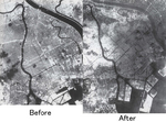 A before-after air raid comparison of aerial views of the Arakawa-Taito-Chuo-Sumida-Koto area of Tokyo, Japan, 1945