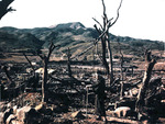 Dr. Nagai of Nagasaki Hospital inspecting damage caused by the atomic bomb, Nagasaki, Japan, 1945; Nagai would die of radiation poisoning a few days after this photo was taken