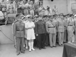 Xu Yongchang, Bruce Fraser, Kuzma Derevyanko, Thomas Blamey, L. Moore Cosgrave, and Jacques Le Clerc aboard USS Missouri, Tokyo Bay, Japan, 2 Sep 1945. Note the wire recorder upper left.