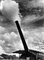 BL 15-inch coastal defense gun elevated for firing, Singapore, circa 1941