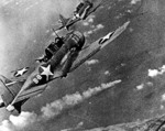 SBDs from Hornet over the burning Mikuma, early afternoon, 6 Jun 1942