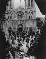 French civilians gathering in front of damaged Église Notre-Dame-du-Vœu, Cherbourg, France, 22 Aug 1944