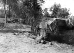 A German mechanized column destroyed by British aircraft, near Mortain, France, 7 Aug 1944; note dead German soldier near wrecked SdKfz. 251 halftrack vehicle