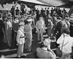 Field Marshal Bernard Montgomery welcoming British Prime Minister Winston Churchill at Berlin-Gatow airfield, Germany, 15 Jul 1945