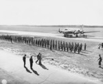 British Prime Minister Winston Churchill inspecting honor guards from British Royal Navy, British Royal Air Force, British Grenadier Guards regiment, and Canadian troops, Berlin-Gatow airfield, Germany, 15 Jul 1945