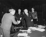 Vyacheslav Molotov shaking hands with James Byrnes, Schloss Cecilienhof, Potsdam, Germany, 24 Jul 1945