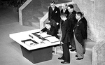 Prime Minister Shigeru Yoshida signing the Treaty of San Francisco, California, United States, 8 Sep 1951, photo 1 of 2