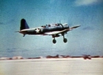 SB2U-3 Vindicator aircraft of US Marine Corps squadron VMSB-241 taking off from Eastern Island, Midway Atoll, 4-6 Jun 1942, photo 1 of 3