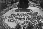 Hitler Youth members being welcomed in front of Tokyo Station, Tokyo, Japan, Oct 1938