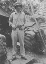 US Marine munitions officer John Day at a field office of 7th Marine Regiment, Guadalcanal, 1942