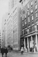 Japanese Special Naval Landing Force troops guarding a building they had just seized, Shanghai International Settlement, China, 8 Dec 1941