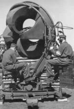 German Hitler Youth members operating an aerophone, listening for engines of incoming aircraft, Germany, 23 Apr 1943