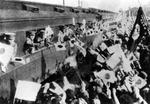 Japanese troops leaving Okayama Railroad Station, Okayama, Japan for the front lines in northeastern China, late 1931