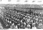 Nazi Party Reichsarbeitsdienstes (Reich Labor Service) men in a party rally, Nürnberg, Germany, 6-13 Sep 1937