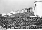 Nazi Party Reichsarbeitsdienstes (Reich Labor Service) men marching at Zeppelin Field, Nürnberg, Germany, Sep 1937