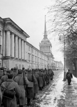 Conscripts of the Soviet Universal Military Training program marching in Leningrad, Russia, 9 Oct 1941