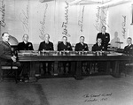 Members of the General Board of the US Navy, Washingtin DC, United States, Nov 1947; left to right: Colonel Randolph Pate, Admiral Walter Boone, Admiral Charles McMorris, Admiral John Towers, Rear Admiral Charles Momsen, Captain Leon Huffman, Commander J. M. Lee, and Captain Arleigh Burke