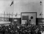 Foundation ceremony of the Japanese puppet nation of Mengjiang, Kalgan (now Zhangjiakou), Chahar Province, China, Sep 1939; Demchugdongrub