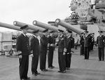 British admirals Irvine Glennie, Louis Hamilton, Robert Burnett (shaking hand), and Henry Moore with King George VI and Admiral Bruce Fraser of the United Kingdom aboard HMS Duke of York, Scapa Flow, Scotland, United Kingdom, 16 Aug 1943