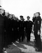 King George VI inspecting the crew of USS Augusta, Plymouth, England, United Kingdom, 2 Aug 1945