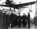 King George VI inspecting battleship USS Washington at Scapa Flow, Scotland, United Kingdom, 7 Jun 1942; note OS2U Kingfisher float plane on catapult