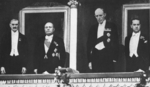 Neville Chamberlain, Benito Mussolini, Lord Halifax, and Count Ciano at the Rome Opera House, Italy, Jan 1939