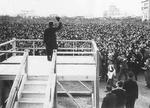 Emperor Showa visiting Hiroshima, Japan, 7 Dec 1947; note Hiroshima Peace Memorial in background