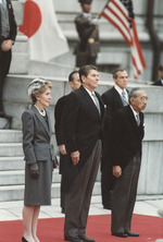 US First Lady Nancy Reagan, US President Ronald Reagan, and Emperor Showa of Japan in Tokyo, Japan, 9 Nov 1983