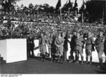 Rudolf Heß, Adolf Hitler, and Julius Streicher at a Nazi Party rally, Nürnberg, Germany, 10-16 Sep 1935