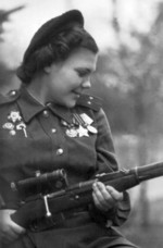 Nina Lobkovskaya with Mosin-Nagant rifle with scope, 1940s