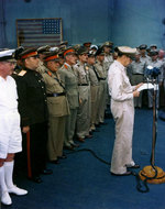 General Douglas MacArthur speaking aboard USS Missouri, Tokyo Bay, Japan, 2 Sep 1945, 2 of 4